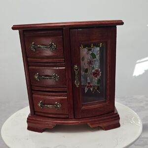 Dark Wood Jewelry Armoire Inlaid Floral Glass Mirror Jewelry Box